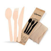 Bestecksets aus Holz biologisch abbaubar 4-teilig Gabel Messer Lffel Serviette hygienisch verpackt, 50 Sets