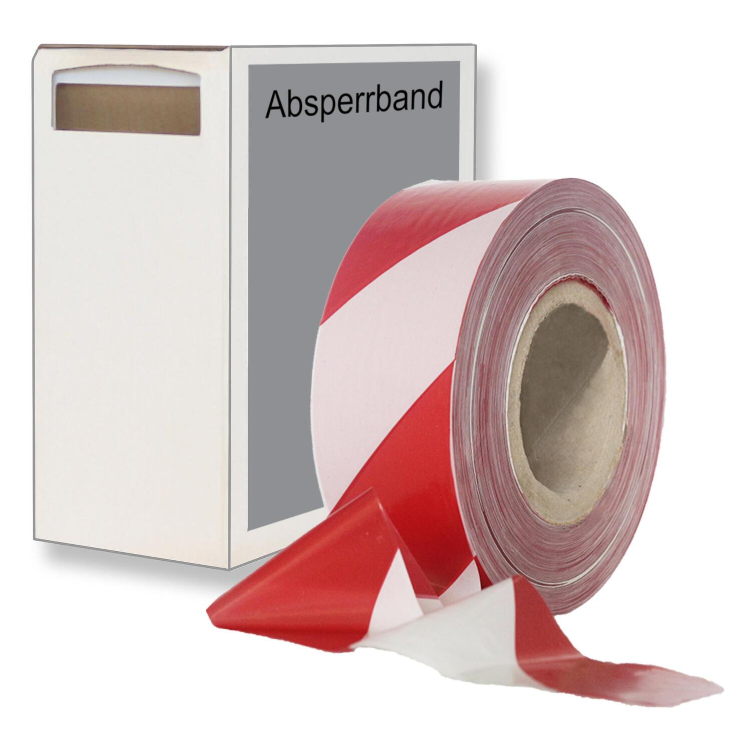 Absperrband rot wei� gestreift 25 my 75 mm breit 500 m 100 % Rezyklat im Spendekarton