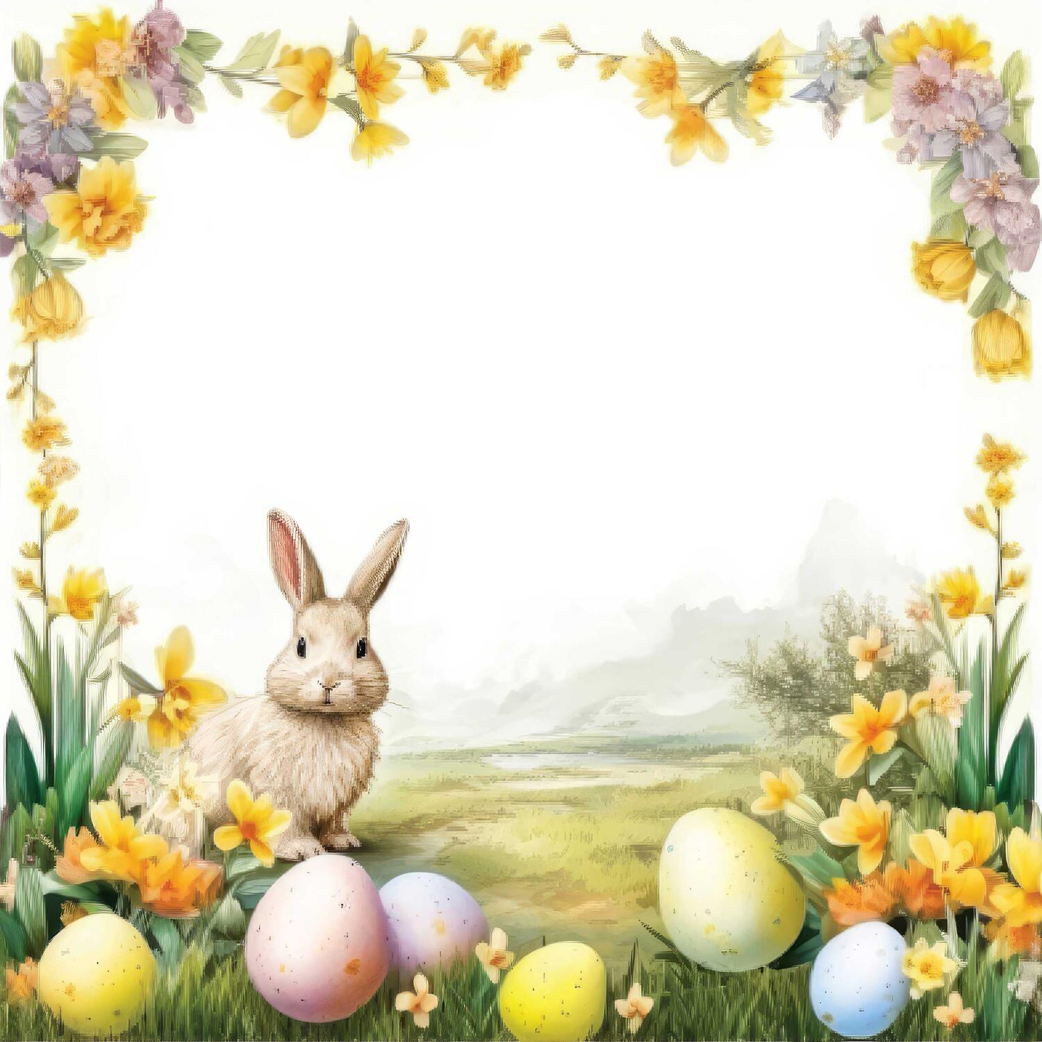 Osterservietten 3-lagig, 33 x 33 cm Motiv Hase mit Blumen und Ostereier, 20 Stk.